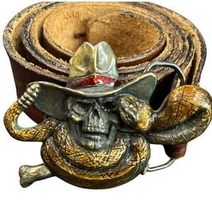 Skeleton in cowboy hat with Diamond back snake leather belt